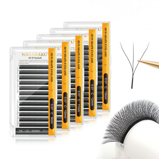 Picture of NAGARAKU 3D W Shape Eyelash Extension 5 Trays in 1 pack Volume 0.07mm C curl 9/10/11/12/13mm Premade Fans Faux Mink Matte Black Cluster Easy Fanning False Lashes