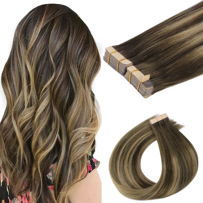 Picture of GOO GOO Tape in Hair Extensions Human Hair, 4/27/4 Balayage Chocolate Brown to Caramel Blonde, 10inch 60g 40pcs, Thick Ends Straight Seamless Tape in, Invisible Tape in Hair Extensions Human Hair