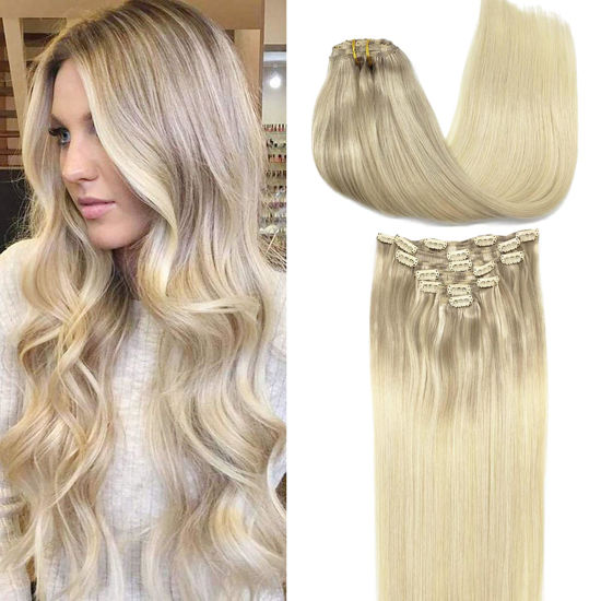 Picture of GOO GOO Clip in Hair Extensions Real Human Hair, Remy Human Hair Extensions Clip ins for Women, Natural Human Hair, 18inch 120g 7Pcs, 17/22/60 Balayage Ash Blonde to Golden Blonde and Platinum Blonde