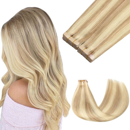 Picture of GOO GOO Tape in Hair Extensions Human Hair, 18A/613A Dark Blonde Highlighted Bleach Blonde, 24inch 100g 40pcs, Thick Ends Straight Seamless Tape in, Invisible Tape in Hair Extensions Human Hair