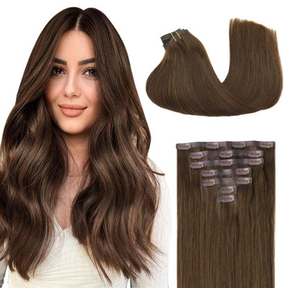 Picture of GOO GOO Clip in Hair Extensions Real Human Hair, Remy Human Hair Extensions Clip ins for Women, Natural Human Hair, 24inch 120g 7Pcs, 4A Chocolate Brown