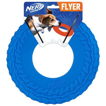 Picture of Nerf Dog Rubber Tire Flyer Dog Toy, Flying Disc, Lightweight, Durable, Floats in Water, Great for Beach and Pool, 10 Inch Diameter, for Medium/Large Breeds, Single Unit, Blue, Original