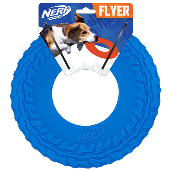Picture of Nerf Dog Rubber Tire Flyer Dog Toy, Flying Disc, Lightweight, Durable, Floats in Water, Great for Beach and Pool, 10 Inch Diameter, for Medium/Large Breeds, Single Unit, Blue, Original