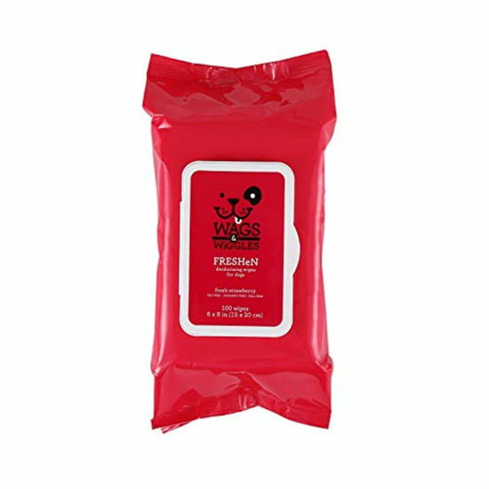 Picture of Wags & Wiggles Freshen Deodorizing Wipes for Dogs | Eliminate Odors from Your Dog's Coat | Fresh Strawberries, 100 Count | Easy and Convenient Way to Freshen Your Pet Without A Bath, FF12825