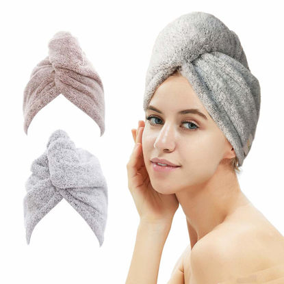 Picture of M-bestl 2 Pack Hair Towel Wrap,Rapid Carbon Fiber Hair Drying Towel with Buttons, Microfiber Hair Towel for Drying Curly Hair,Anti-frizz (Star Gray&Star Pink)
