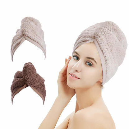 Picture of M-bestl 2 Pack Hair Drying Towels,Hair Wrap Towels,Absorbent Microfiber Hair Towel Turban with Button Design to Dry Hair More Quicker（Khaki&Coffee）