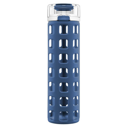 Picture of Ello Syndicate Glass Water Bottle with One-Touch Flip Lid and Protective Silicone Sleeve and Carry Loop, BPA Free, Dishwasher Safe, Bold Blue, 20oz