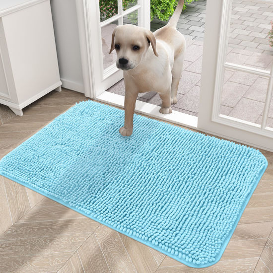 Picture of OLANLY Dog Door Mat for Muddy Paws 24x16, Absorbs Moisture and Dirt, Absorbent Non-Slip Washable Mat, Quick Dry Chenille, Mud Mat for Dogs, Entry Indoor Door Mat for Inside Floor, Blue