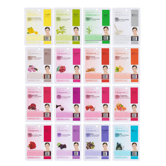 Picture of DERMAL 16 Combo Pack B Collagen Essence Korean Face Mask - Hydrating & Soothing Facial Mask with Panthenol - Hypoallergenic Self Care Sheet Mask for All Skin Types - Natural Home Spa Treatment Masks