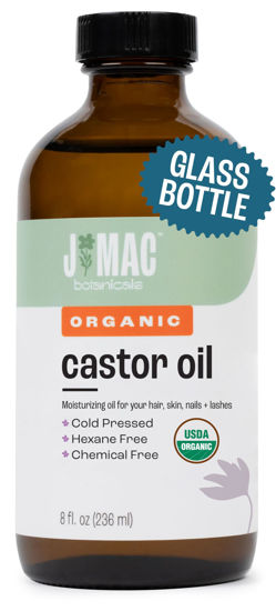 Picture of J MAC BOTANICALS, Organic Castor Oil Cold Pressed (Glass Bottle, 8 oz) pure unrefined, hexane free for face, skin, eyelashes, pack wraps, pads