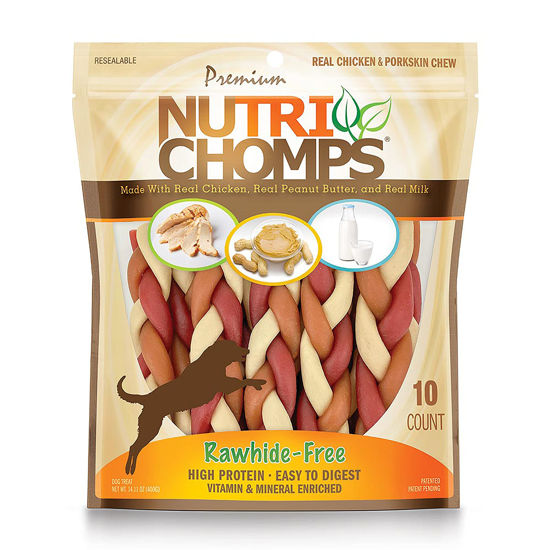 Picture of NutriChomps Dog Chews, 6-inch Braids, Easy to Digest, Rawhide-Free Dog Treats, Healthy, 10 Count, Real Chicken, Peanut Butter and Milk flavors