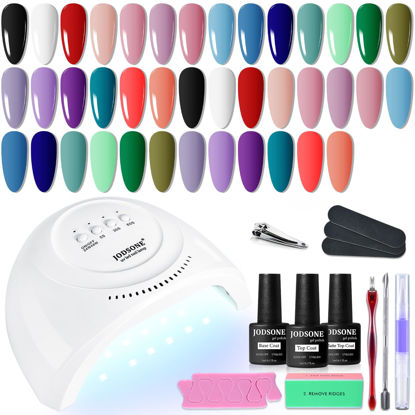 Picture of JODSONE 20 Colors Gel Nail Polish Kit with U V Light Base Top Matte Coat High Shine Vibrant Nail Gel Equipped with Manicure Tools