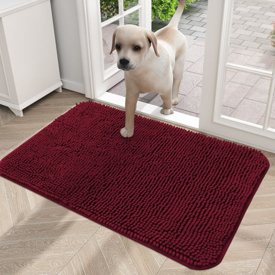 Picture of OLANLY Dog Door Mat for Muddy Paws 24x16, Absorbs Moisture and Dirt, Absorbent Non-Slip Washable Mat, Quick Dry Chenille, Mud Mat for Dogs, Entry Indoor Door Mat for Inside Floor, Burgundy