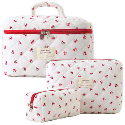 Picture of Makeup Bag, Quilted Makeup Bag,Large Floral Cosmetic Bag for Women,Cotton Makeup Bag Set,Flower Travel Toiletry Bag.