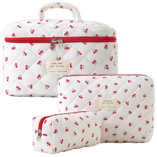 Picture of Makeup Bag, Quilted Makeup Bag,Large Floral Cosmetic Bag for Women,Cotton Makeup Bag Set,Flower Travel Toiletry Bag.