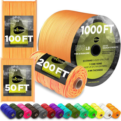Picture of TECEUM Paracord Type III 550 Apricot - 200 ft - 4mm - Tactical Rope MIL-SPEC - Outdoor para Cord - Camping Hiking Fishing Gear - EDC Parachute Cord - Strong Survival Rope 085