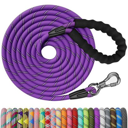 Picture of NTR 25FT Training Leash for Dog, Purple Rope Leash with Swivel Lockable Hook, Reflective Thread, Padded Handle, Dog Lead line for Walking, Hunting, Camping, Backyard for Small Medium Large Dog