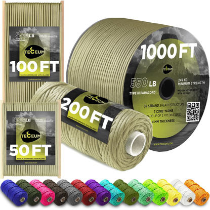 Picture of TECEUM Paracord Type III 550 Golden Sand - 200 ft - 4mm - Tactical Rope MIL-SPEC - Outdoor para Cord - Camping Hiking Fishing Gear - EDC Parachute Cord - Strong Survival Rope 028
