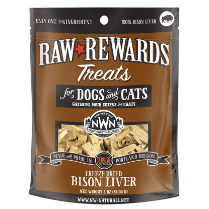 Picture of Northwest Naturals Raw Rewards Freeze-Dried Bison Liver Treats for Dogs and Cats - Bite-Sized Pieces - Healthy, 1 Ingredient, Human Grade Pet Food, All Natural - 3 Oz