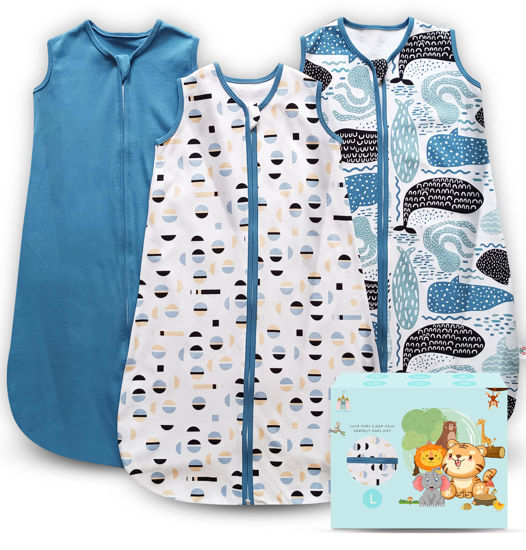Picture of Cute Castle Baby Sleep Sack 12-18 Months - Lightweight 100% Cotton 2-Way Zipper TOG 0.5 Infant Wearable Blanket, Newborn Essentials Toddler Sleep Clothes (3 Pack Blue)