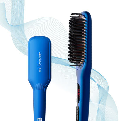 Picture of MEGAWISE Pro Ceramic Ionic Hair Straightener Brush for Home Salon, Straightening Hair Brush with 20s Heating Tech, Auto-Off, Anti-Scald with Universal Dual Voltage,Rotatable Power Cord, Gentian Blue