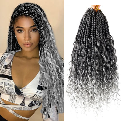 Picture of Goddess Box Braids Crochet Hair With Curly Ends 14 Inch Bohomian Box Braids Crochet Braids 8 Packs 3X Crochet Braids Synthetic Braiding Hair Extension for Black Women(14 Inch (Pack of 8), T-Grey)………