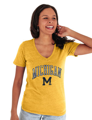 Picture of Blue 84 Michigan Wolverines Women's Tri-Blend T-Shirt Vintage Arch Over Secondary Color, Golden, Medium
