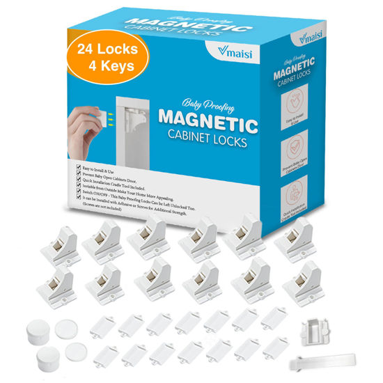 Picture of Vmaisi Adhesive Magnetic Locks for Cabinets & Drawers (24 Pack and 4 Keys + Cradle)
