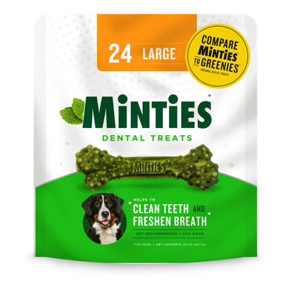 Picture of Minties Dental Chews for Dogs, 24 Count, Vet-Recommended Mint-Flavored Dental Treats for Large Dogs Over 50 lbs, Dental Bones Clean Teeth, Fight Bad Breath, and Removes Plaque and Tartar