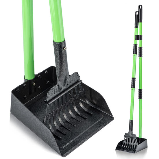 Picture of MXF Pooper Scooper, Dog Pooper Scooper Long Handle Stainless Metal Tray and Rake Set for Medium Small Dogs Heavy Duty - Use on Grass, Dirt or Gravel - Pet Supplies (Green)