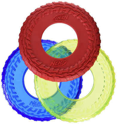 Picture of Nerf Dog Rubber Tire Flyer Dog Toy, Flying Disc, Lightweight, Durable, Floats in Water, Great for Beach and Pool, 10 Inch Diameter, 3 Pack, Red and Translucent Green and Translucent Blue