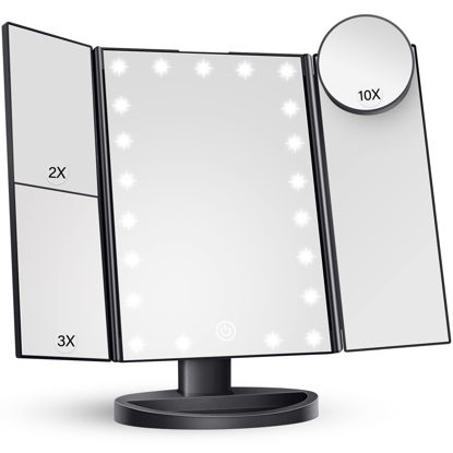Picture of HUONUL Makeup Mirror Vanity with Lights, 2X 3X 10X Magnification, Lighted Mirror, Touch Control, Trifold Dual Power Supply, Portable LED Women Gift (Black)