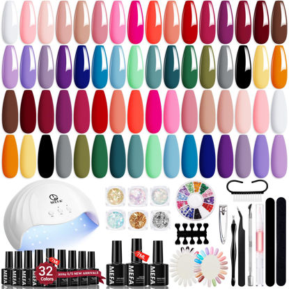 Picture of MEFA 54 PcsGel Nail Polish Kit with U V Light, 32 Colors Classic Popular Gel Nail Kit Soak Off Nail Polish Gel Set with Base Matte/Glossy Top Coat Nail Art Decorations Manicure Tools DIY Gifts