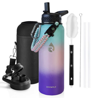 Picture of RAYMYLO Insulated Water Bottle 40 oz, Triple Wall Vacuum Stainless Steel (Cold for 48 Hrs), Leak Proof & BPA-Free, Modern Water Flask Jug with Paracord Handle & Straw Spout Lids, Hydrangea