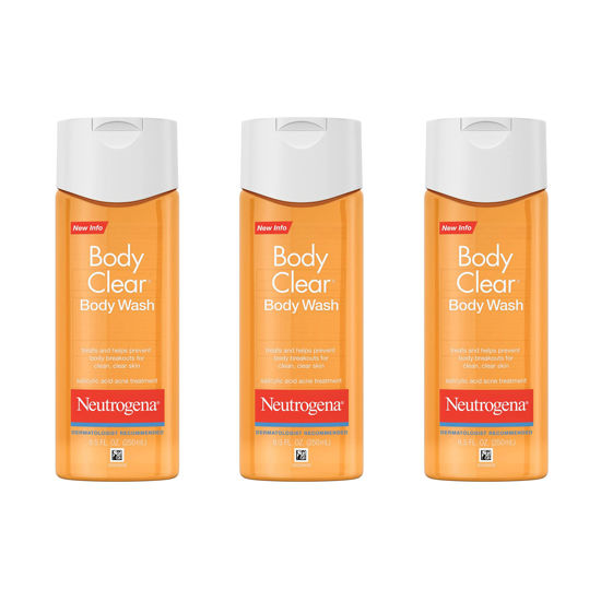 Picture of Neutrogena Body Clear Acne Body Wash with Glycerin & 2% Salicylic Acid Acne Medication, Oil-Free Acne Wash for Breakouts on Back, Chest & Shoulders, Non-Comedogenic, 8.5 fl. oz, Pack of 3
