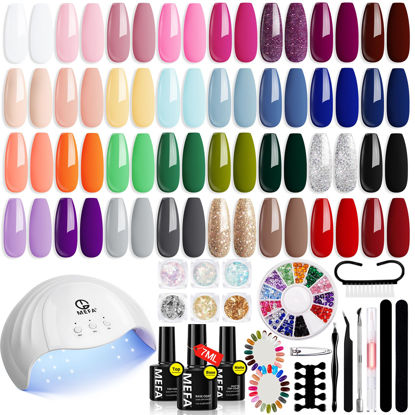 Picture of MEFA 54 Pcs Gel Nail Polish Kit with U V Light, 32 Colors Popular Soak Off Nude Pink Red Gel Polish Nail Set with Matte/Glossy Gel Top Base Coat Manicure Tools Nail Art Decorations DIY Salon Home Gift