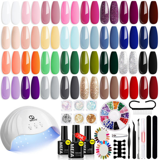 Picture of MEFA 54 Pcs Gel Nail Polish Kit with U V Light, 32 Colors Popular Soak Off Nude Pink Red Gel Polish Nail Set with Matte/Glossy Gel Top Base Coat Manicure Tools Nail Art Decorations DIY Salon Home Gift
