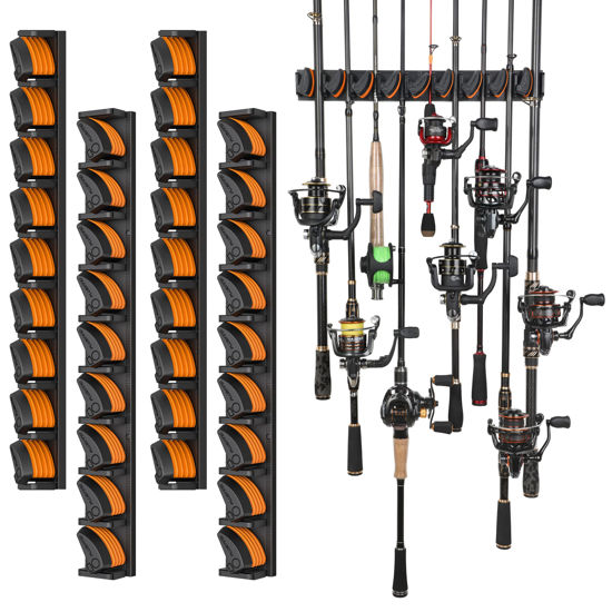 Picture of PLUSINNO V9 Vertical Fishing Rod Holders, 4 Packs Wall Mounted Fishing Pole Holders, Fishing Rod Racks Hold Up to 36 Rods or Combos, Fishing Rod Holders for Garage, Fits Most Rods of Diameter 3-19mm