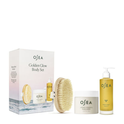 Picture of OSEA Golden Glow Full Size Body Set - Includes Full Size Undaria Algae Body Oil (5oz), Undaria Cleansing Body Polish (10oz), & Plant-Based Body Dry Brush - Clean & Vegan Bodycare Spa Set for Women