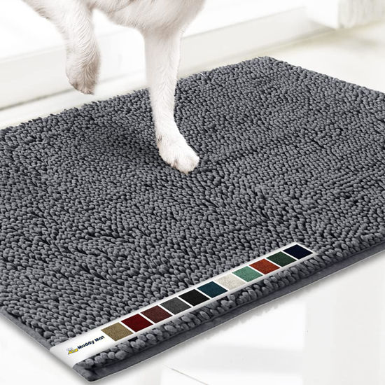 Picture of Muddy Mat® AS-SEEN-ON-TV Highly Absorbent Microfiber Dog Door Mat and Pet Rug, Non Slip Thick Washable Area and Bath Mat Soft Chenille for Kitchen Bathroom Bedroom and Indoor - Grey Medium 30"X19"