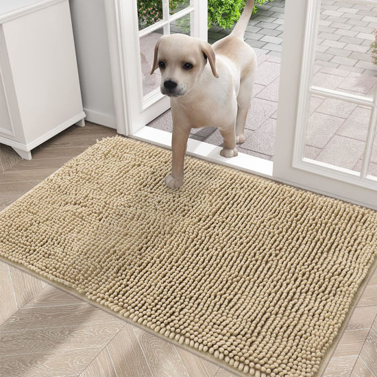 Picture of OLANLY Dog Door Mat for Muddy Paws 36x24, Absorbs Moisture and Dirt, Absorbent Non-Slip Washable Mat, Quick Dry Chenille, Mud Mat for Dogs, Entry Indoor Door Mat for Inside Floor, Beige