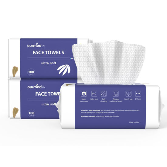 Picture of Ourmed Life Face Towels, Disposable Biodegradable Clean Facial Wash Cloth for Sensitive Skin, Lint- free Facial Towels for Cleansing, Skincare and Makeup Remover, Dry Wipes, 300 Count