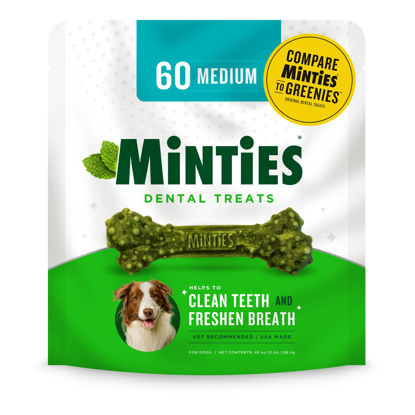 Picture of Minties Dental Chews for Dogs, 60 Count, Vet-Recommended Mint-Flavored Dental Treats for Medium Dogs 25-50 lbs, Dental Bones Clean Teeth, Fight Bad Breath, and Removes Plaque and Tartar