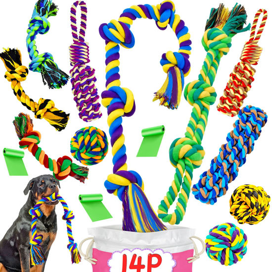 Picture of XL Dog Chew Toys for Aggressive Chewers Large Breed, 14 Pack Tough Indestructible Dog Toys for Aggressive Chewers, Durable Puppy Chew Toys for Teething, Heavy Duty Cotton Dog Rope Toys for Large Dogs