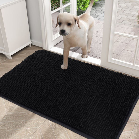 Picture of OLANLY Dog Door Mat for Muddy Paws 36x24, Absorbs Moisture and Dirt, Absorbent Non-Slip Washable Mat, Quick Dry Chenille, Mud Mat for Dogs, Entry Indoor Door Mat for Inside Floor, Black