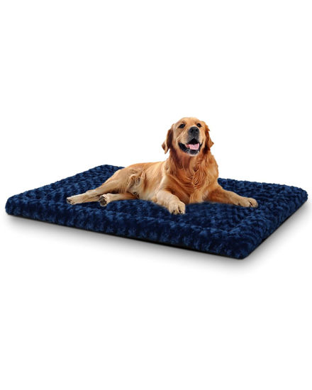 Picture of Washable Dog Bed Mat Reversible Dog Crate Pad Soft Fluffy Pet Kennel Beds Dog Sleeping Mattress for Large Jumbo Medium Small Dogs, 41 x 27 Inch, Blue