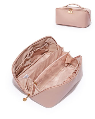 Picture of EACHY Travel Makeup Bag, Large Capacity Cosmetic Bags for Women, Waterproof Portable Open Flat Toiletry Bag Make up Bag with Divider and Handle (Large-Pink, Large)