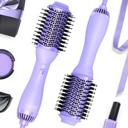 Picture of Hot Hair Blow Dryer Brush: LANDOT One-Step HairDryer Styler and Volumizer - Upgraded Plus 2.0 Hot Air Brush with Negative Ion Anti-frizz Ceramic Titanium 60mm Oval Shape Barrel Purple Color