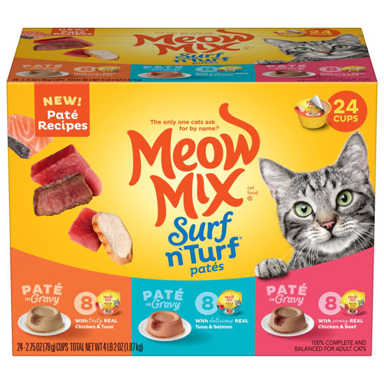 Picture of Meow Mix Paté in Gravy Wet Cat Food Variety Pack, Surf n’ Turf Patés 2.75 Ounce (Pack of 24)