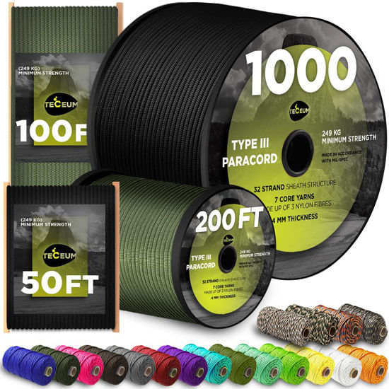 Picture of TECEUM Paracord Type III 550 Black - 1000 ft - 4mm - Tactical Rope MIL-SPEC - Outdoor para Cord -Camping Hiking Fishing Gear and Equipment - EDC Parachute Cord - Strong Survival Rope 016